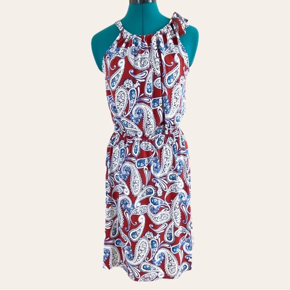Banana Republic Paisley Medium Dress Red White Blue Stretch Summer Dress - Picture 3 of 15